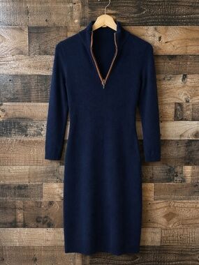 Tyler Boe Navy Sweater Dress Medium Leather Trim Zip Neck Sleeve Luxury Knit Tun